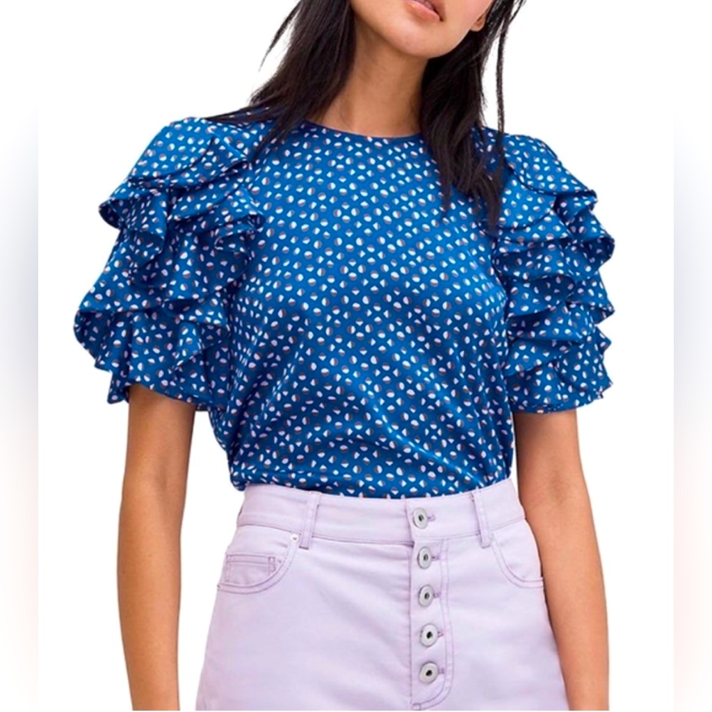Kate Spade Geo Dot Satin Blouse With Ruffle Puff Sleeve